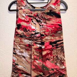 Kasper Abstract Print Sleeveless Blouse Pleated Scoop Neck Top Pink Red Tan Sz S